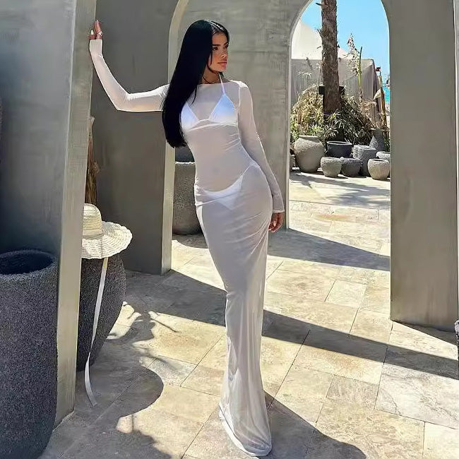 Women's Sexy Mesh Perspective Long Sleeve Slim-Fit Maxi Dress