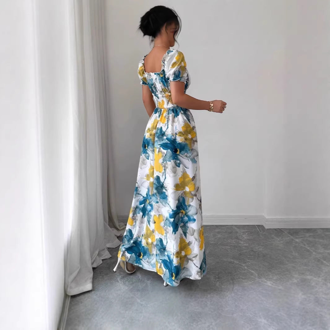 Women's Casual Summer Floral Print V-Neck Bubble Sleeve A-Line Dress