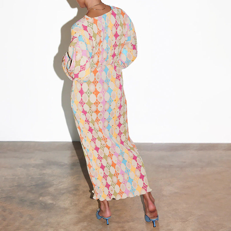 Women's Summer Elegant Geometry Print V-Neck Lantern Half-Sleeve Maxi Dress