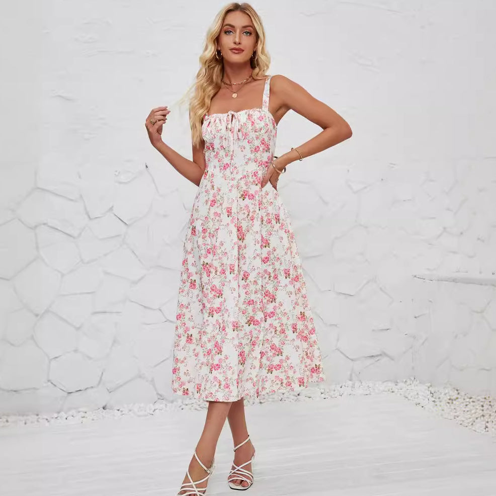 Women's Summer Floral Print Strap Side Slit Midi A-Line Dress
