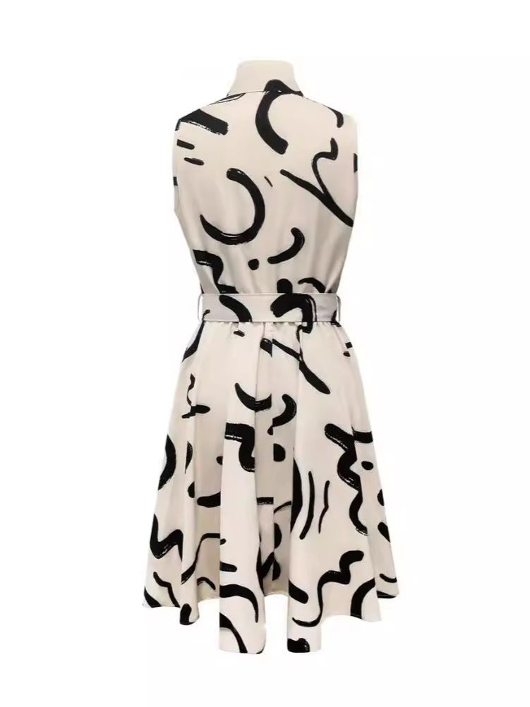 Women's Casual Printed Lapel Sleeveless Lace-Up Dress