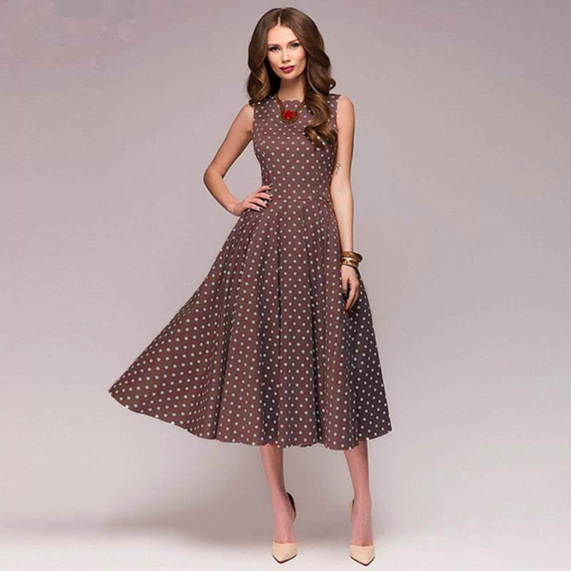 Women's Summer Elegant Vintage Polka Dot Sleeveless Midi Dress