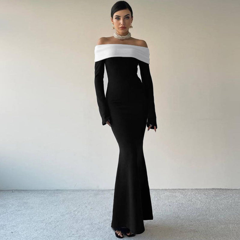 Women's Color Contrast Shoulder Long Sleeve Bodycon Maxi Dress