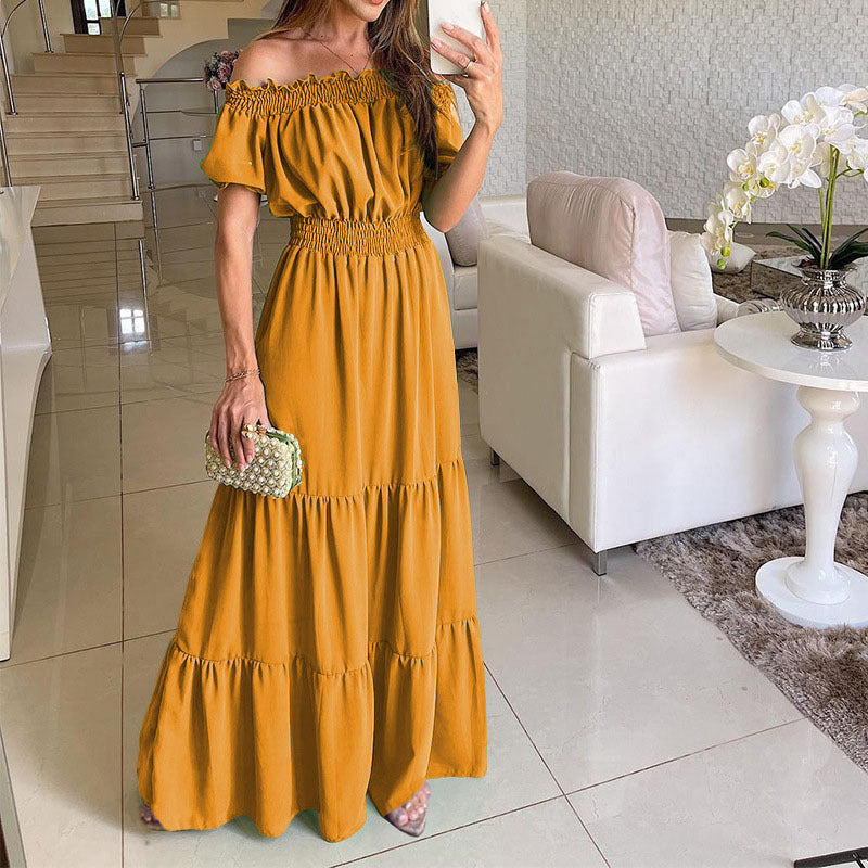 Women's Summer Vacation Casual Solid Color Off Shoulder Bubble Sleeve Maxi Dress