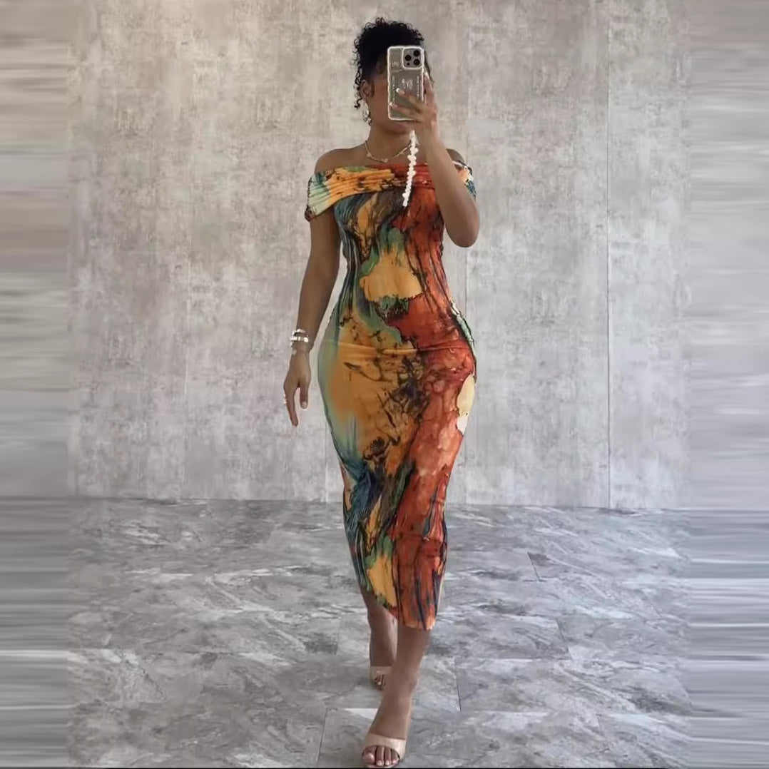 Women's Sexy Off Shoulder Graphic Printed Tight Midi Dress