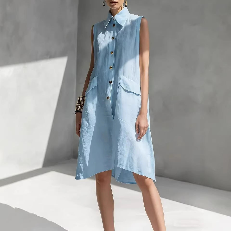 Women's Casual Cotton Linen Solid Color Lapel Sleeveless Loose Dress