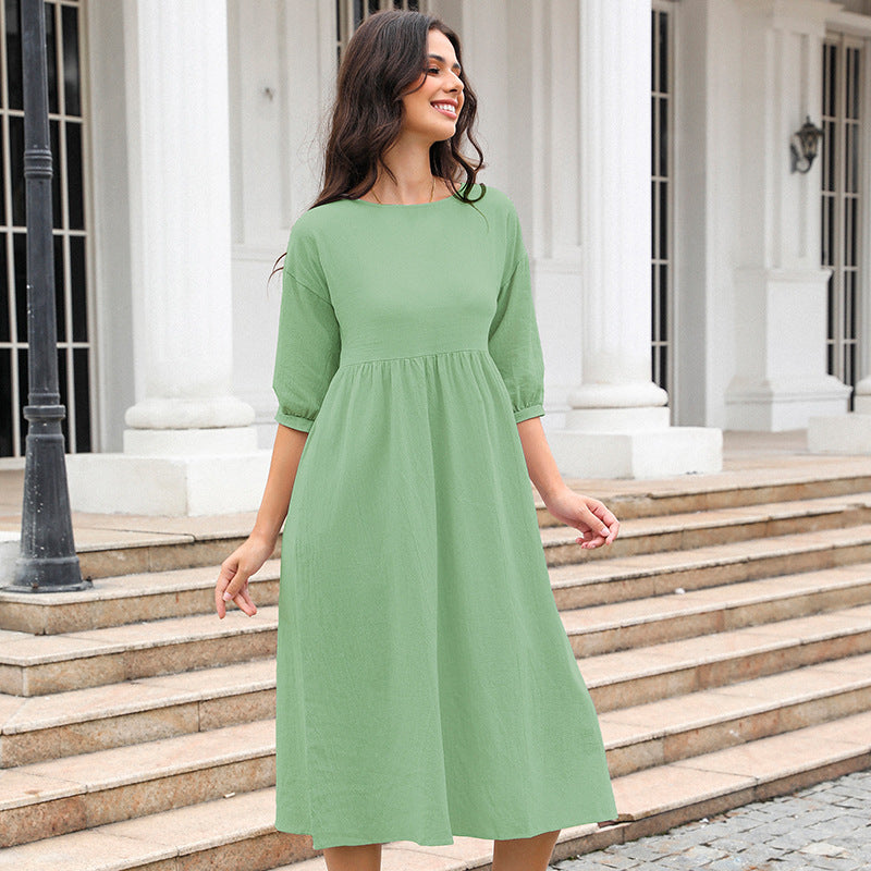 Women's Casual Solid Color Cotton Midi Dress, with Lantern