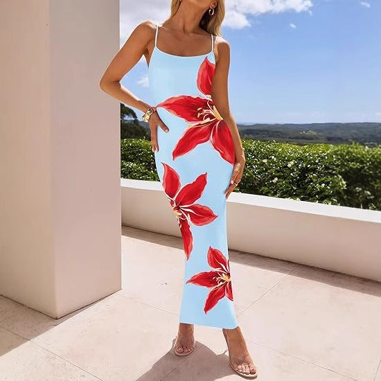 Women's Sexy Floral Print Spaghetti Strap Slim-Fit Midi Dress