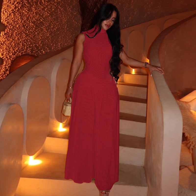 Women's Elegant Solid Color High Collar Sleeveless Backless A-Line Dress