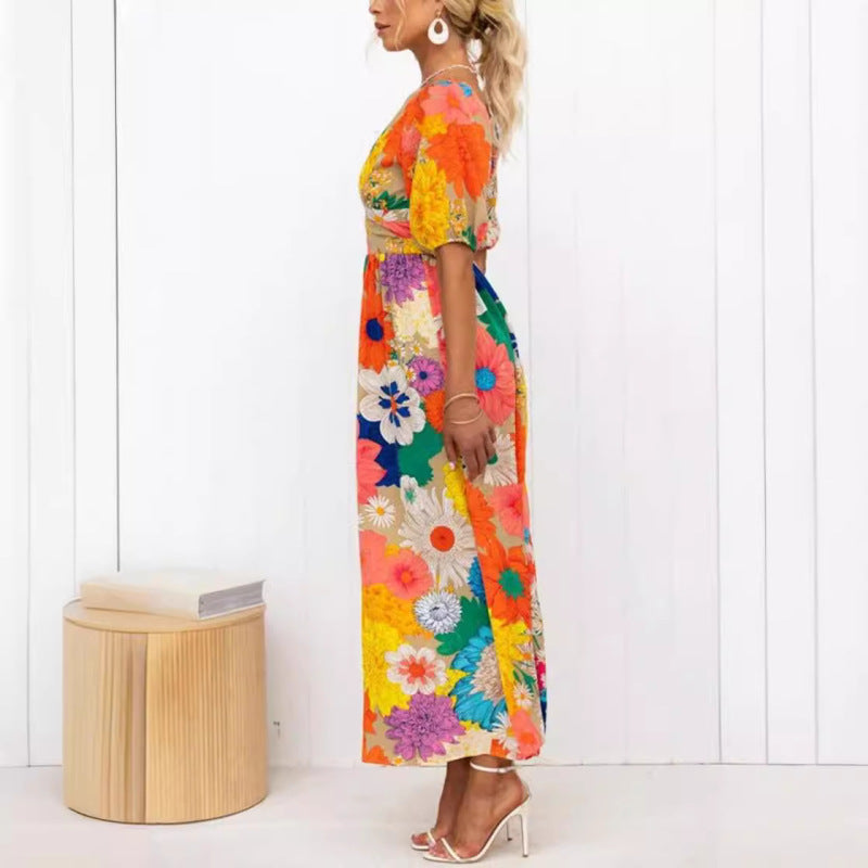 Women's Casual Printed V-Neck Puff Sleeve Vacation Maxi Dress