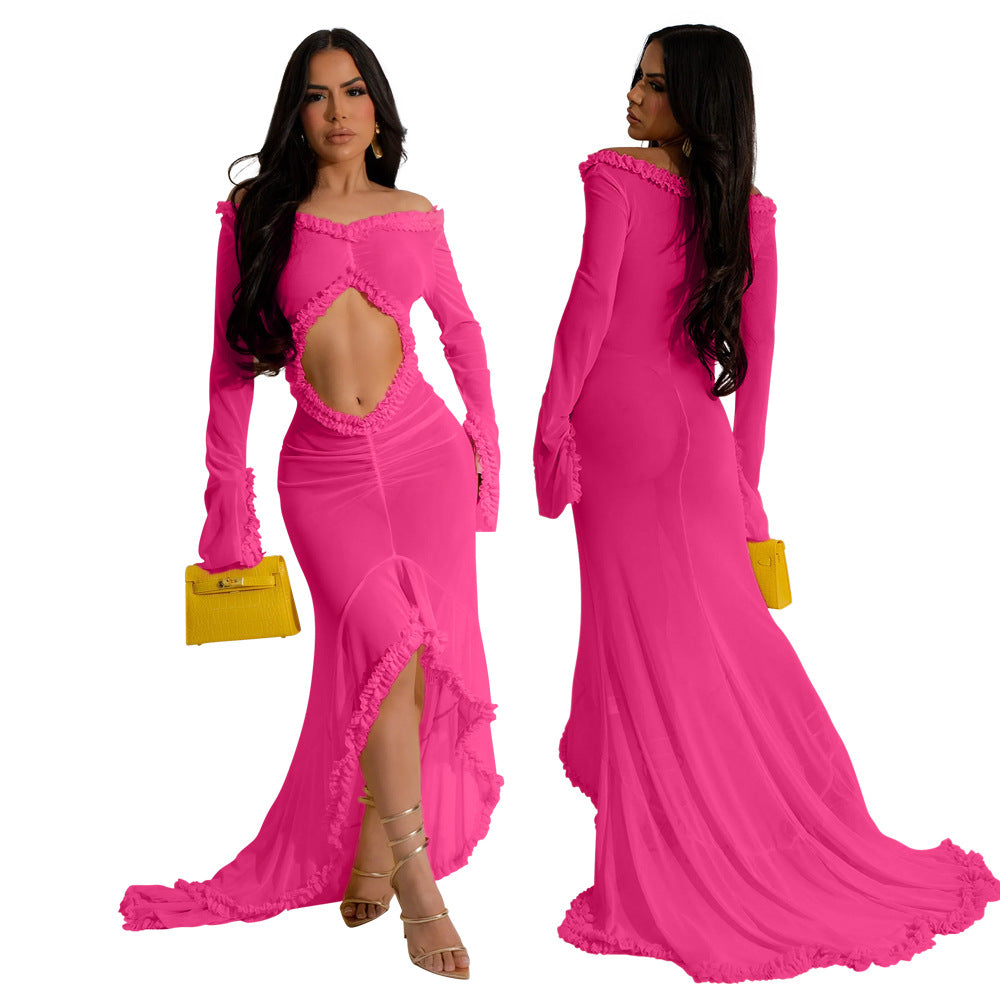 Women's Sexy V-Neck Solid Color Long Sleeve Off-Shoulder Wrap Hip Maxi Dress