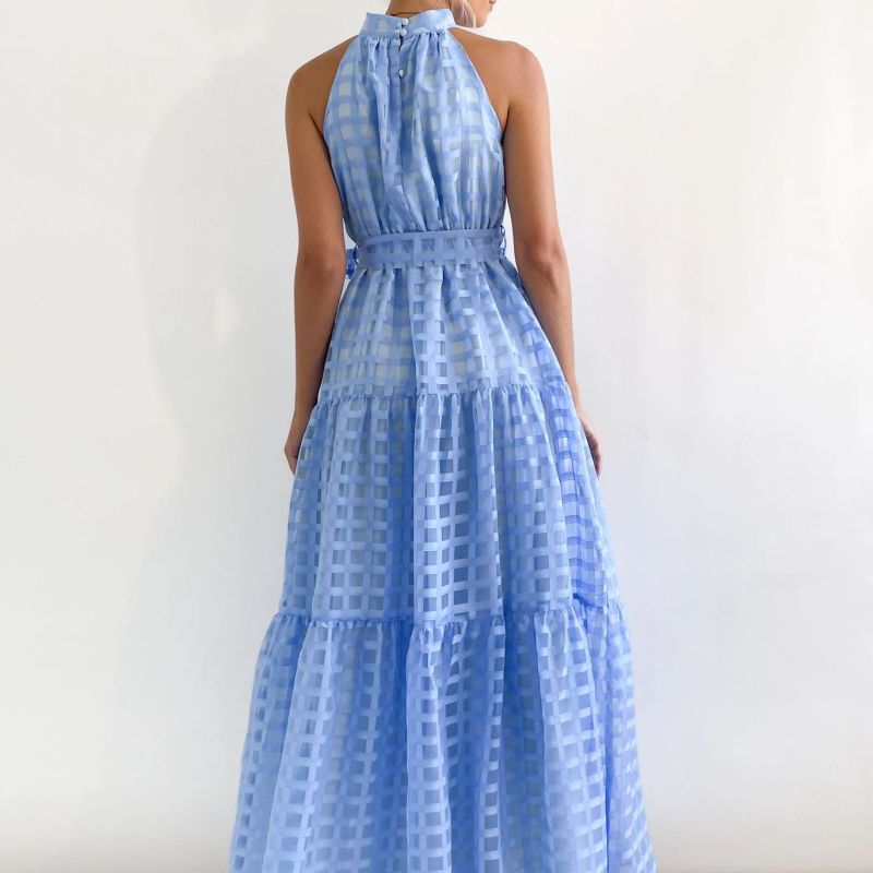 Women's Summer Solid Color Sleeveless Mid-Waist Lace-Up Large Swing Maxi Dress