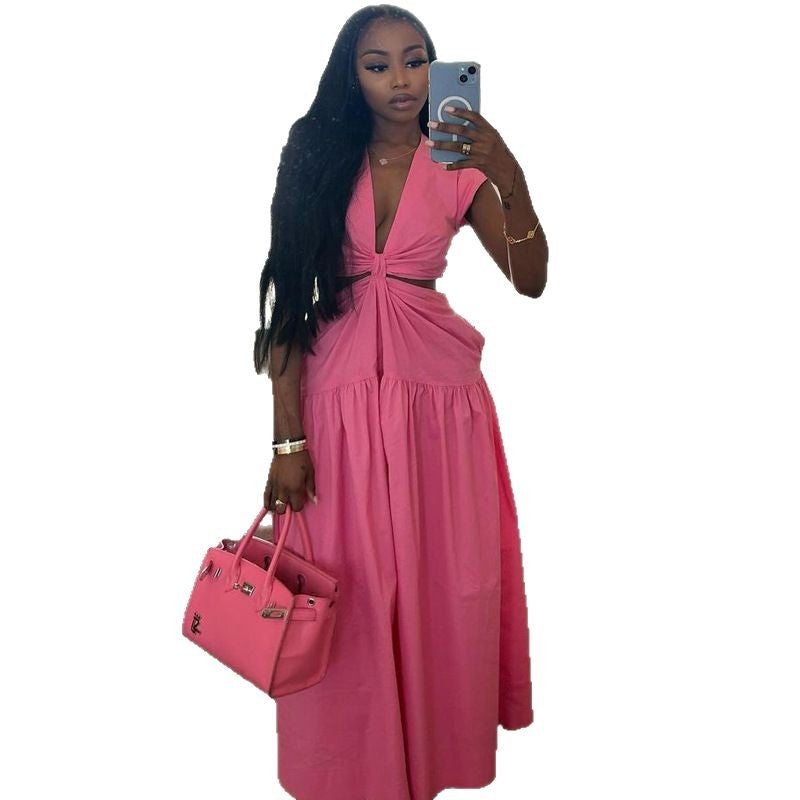 Women's Casual Solid Color Pleated A-Line African Dress