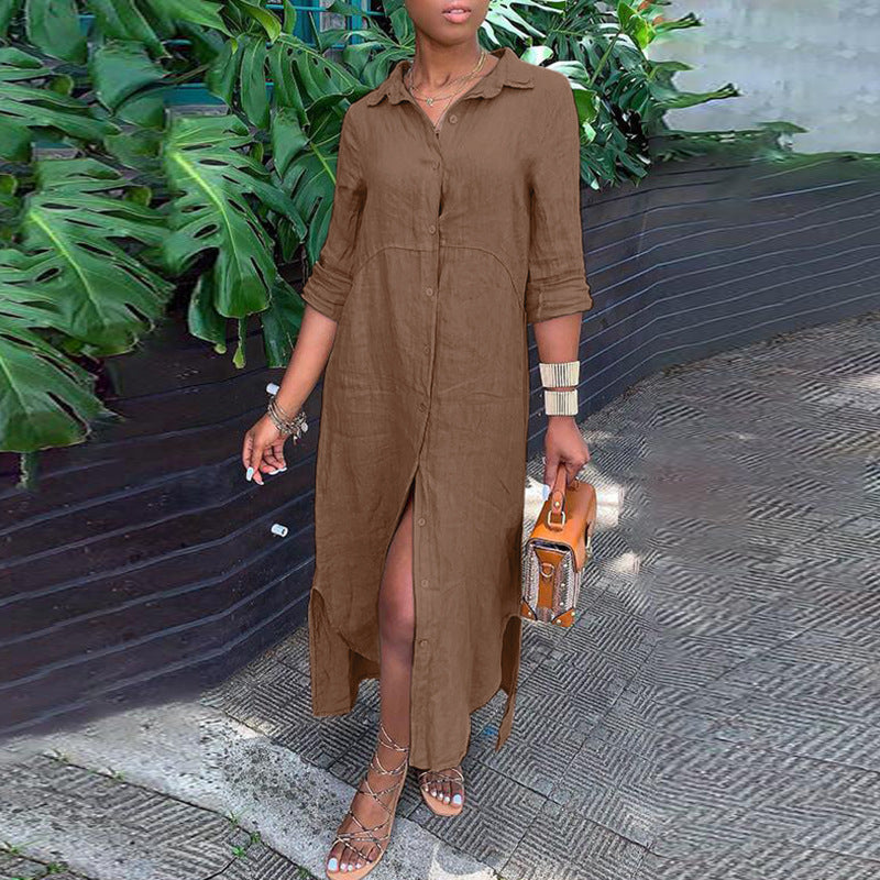 Women's Summer Casual Breathable Cotton Linen Shirt Collar Button-Up Maxi Dress
