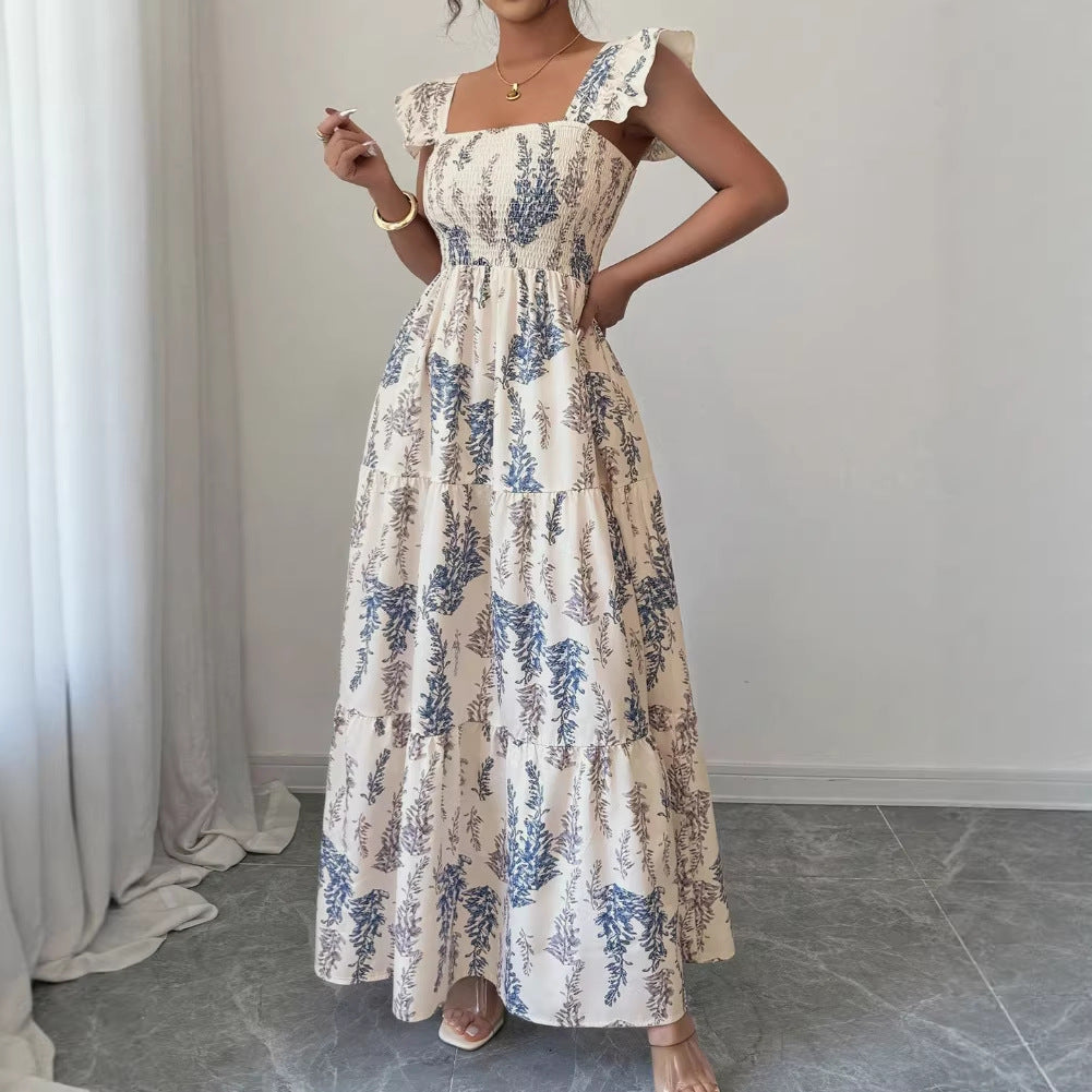 Women's Summer Flower Printed Square-Neck Short Sleeve Tight Waist Long Dress