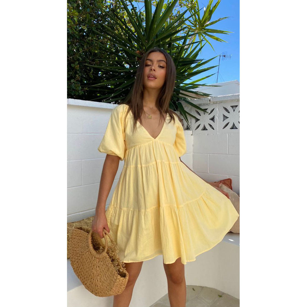 Women's Casual Solid Color V-Neck Loose Waist Puff Sleeve Dress