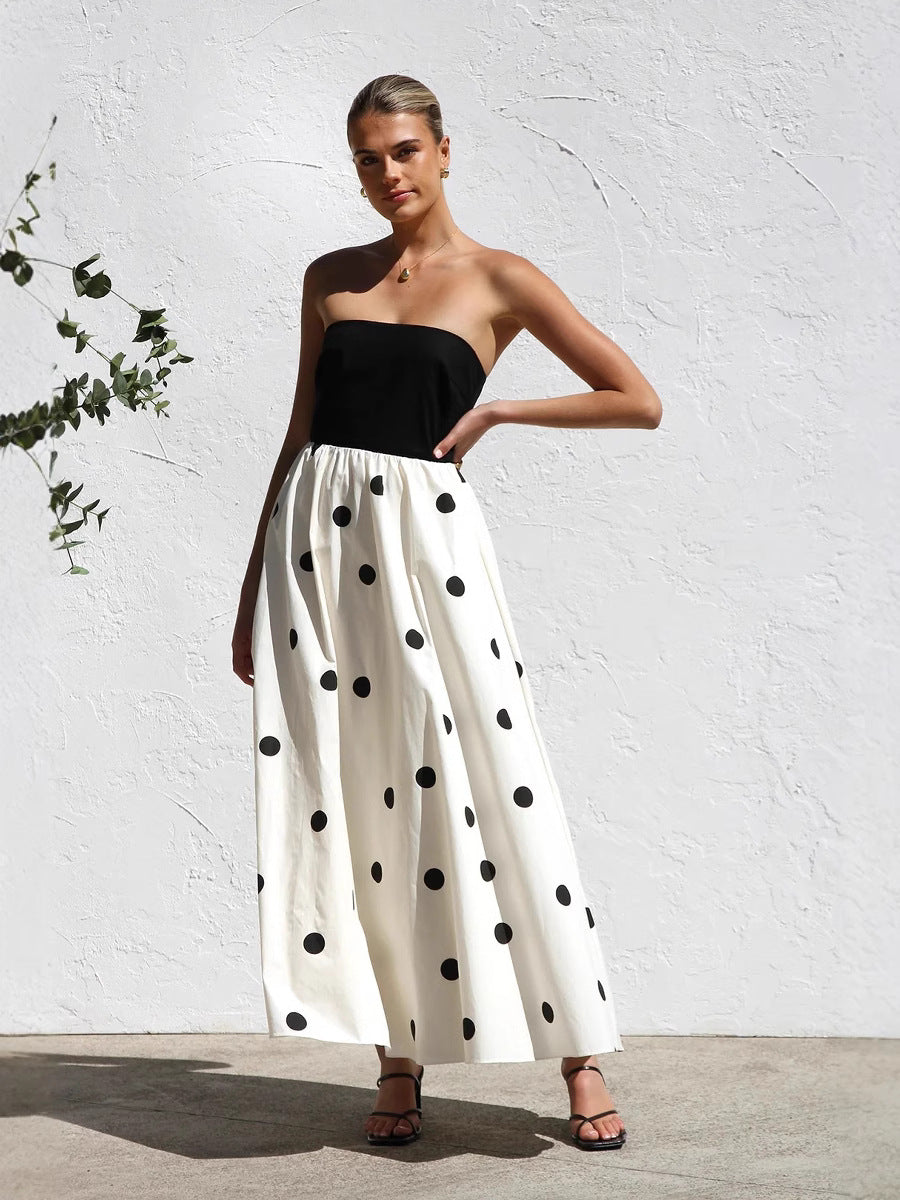 Women's Wave Dot Printing Stitching Tube Top Temperament Maxi Dress