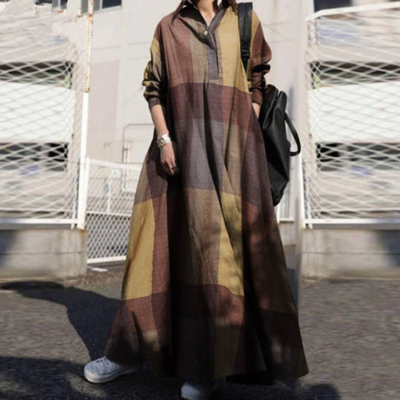 Women's Casual Retro Cotton-Linen Plaid Printed Long Sleeve Loose Dress