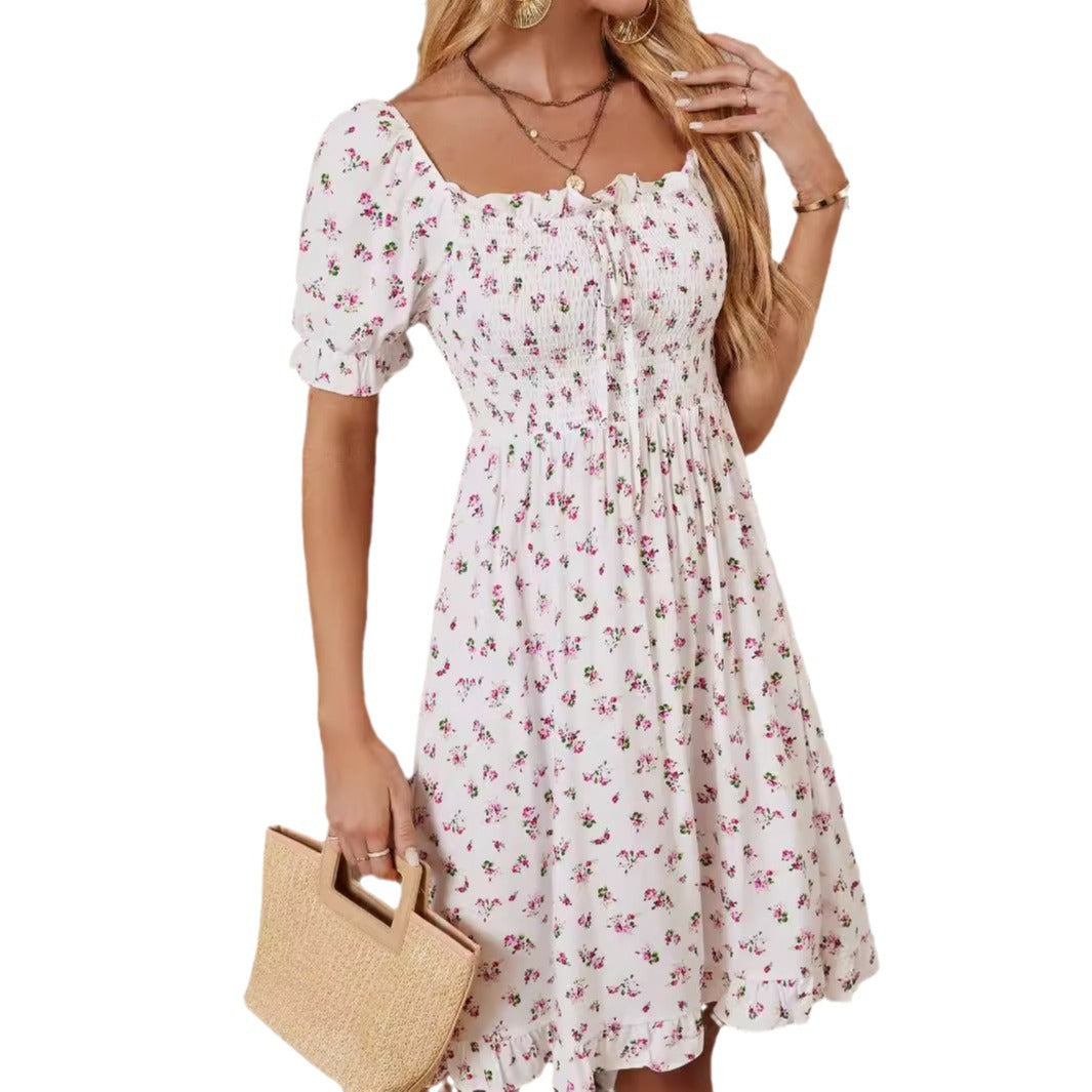 Women's Casual Floral Printed Square Collar Short Sleeve Ruffled Dress