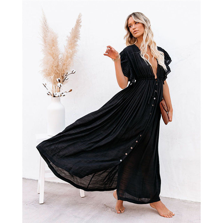 Women's Elegant Solid Color Beach Drawstring Short Sleeves Ruffled Maxi Dress