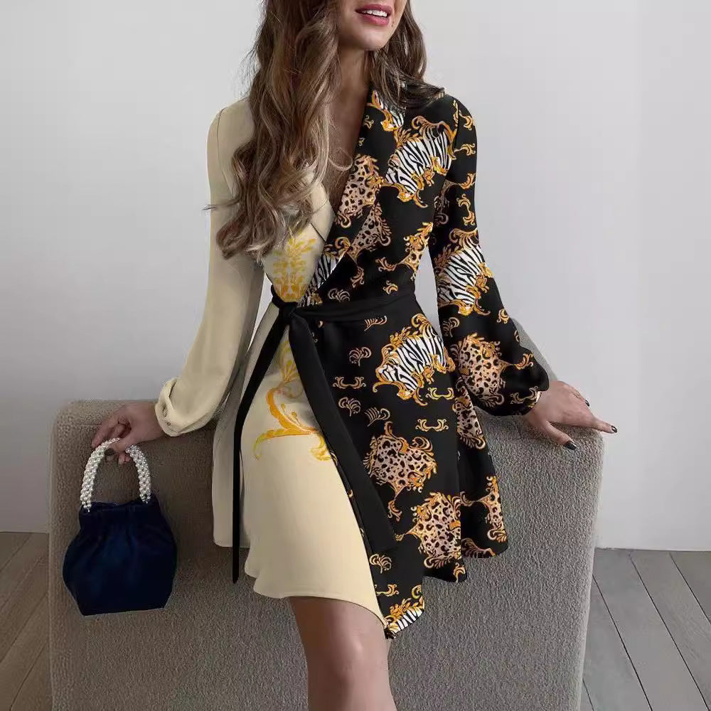 Women's Casual Spring and Autumn Floral Print Lantern Sleeve Lace-Up Dress