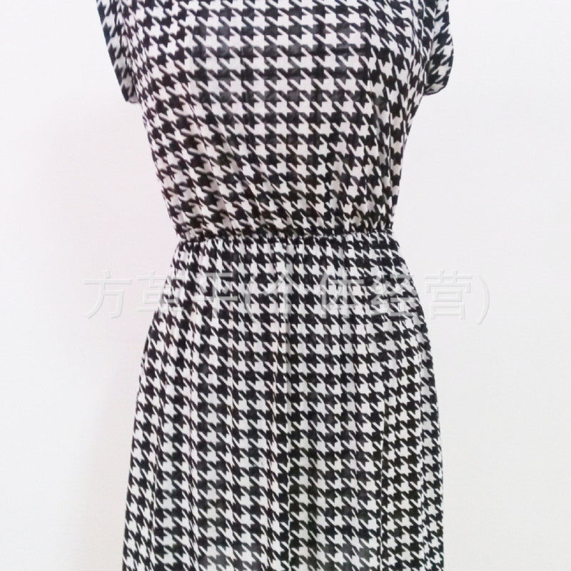 Women's Leopard Houndstooth Print Casual Short Sleeve Round Neck Pleated Dress