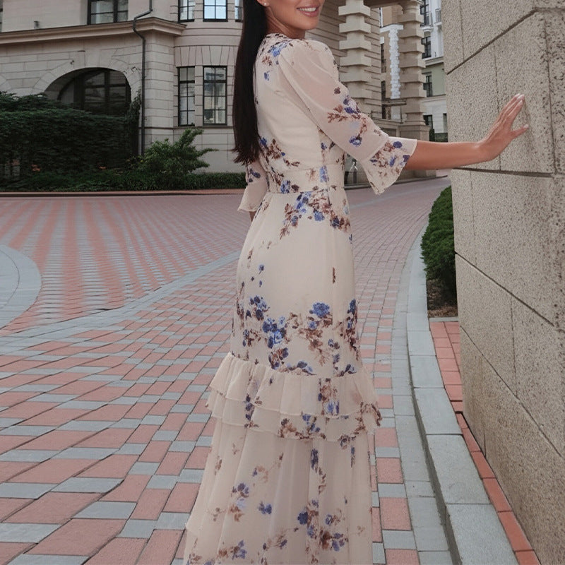 Women's Casual Summer Flower Printed Puff Sleeve Split Loose Dress