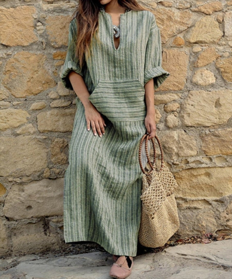 Women's Casual Cotton Linen Yarn-Dyed Striped Loose Maxi Dress