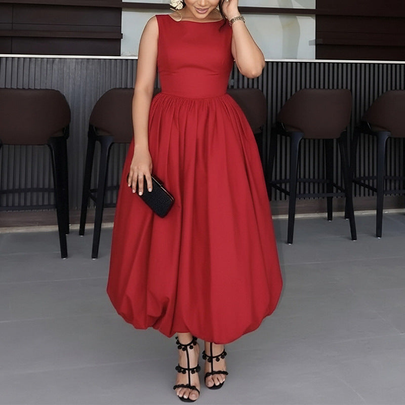 Women's Casual Summer Solid Color Sleeveless Tight Waist Stitching A-Line Dress