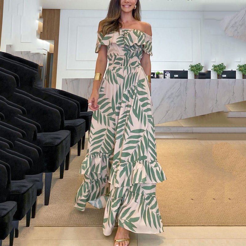 Women's Casual Leaf Print Boat Neck Elastic Waist Long Dress