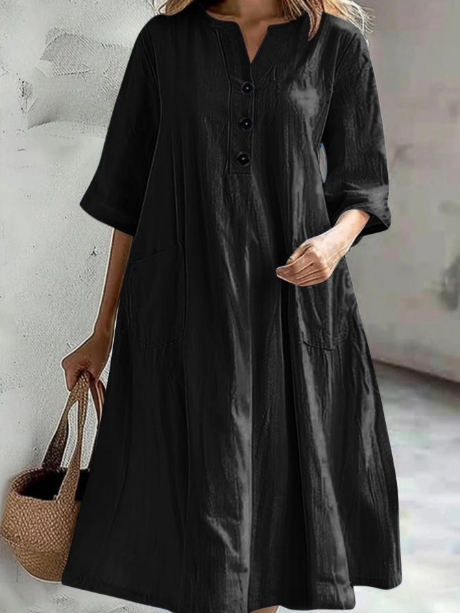 Women's Solid Color Cotton and Linen V-Neck Half-Sleeve Three-Button Dress
