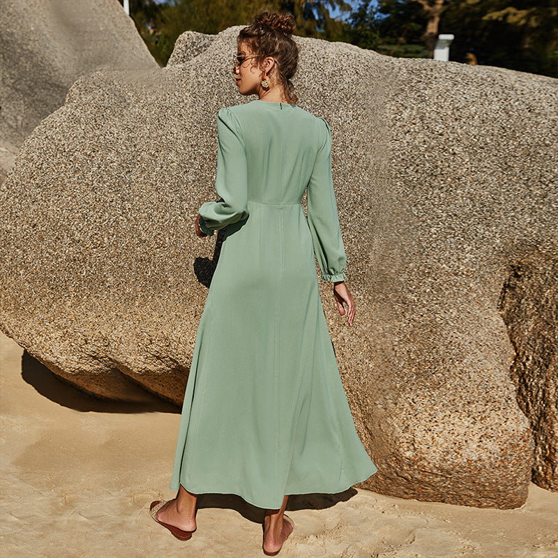 Women's Solid Color Round Neck Long Sleeve Defined Waist Chiffon Maxi Dress