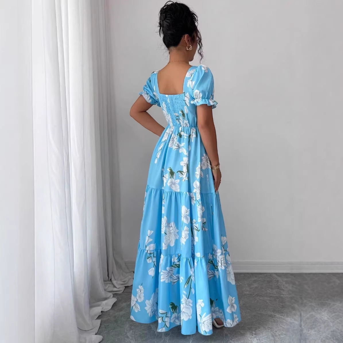 Women's Elegant Flower Printed Square Neck Short Sleeve A-Line Dress
