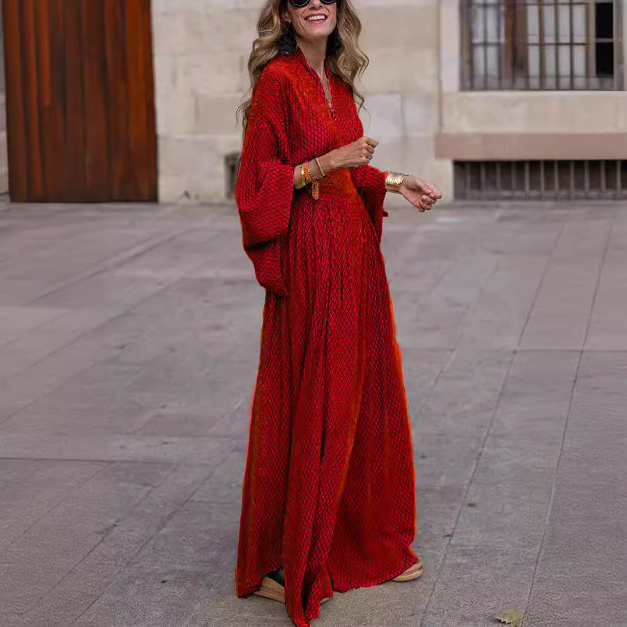 Women's Casual Geometric Pattern V-Neck Long Sleeve Loose Maxi Dress