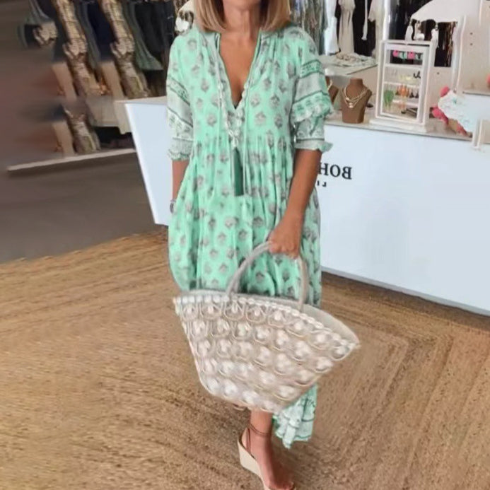 Women's Casual Summer Printed V-Neck Lantern Sleeve High Waist Large Swing Dress