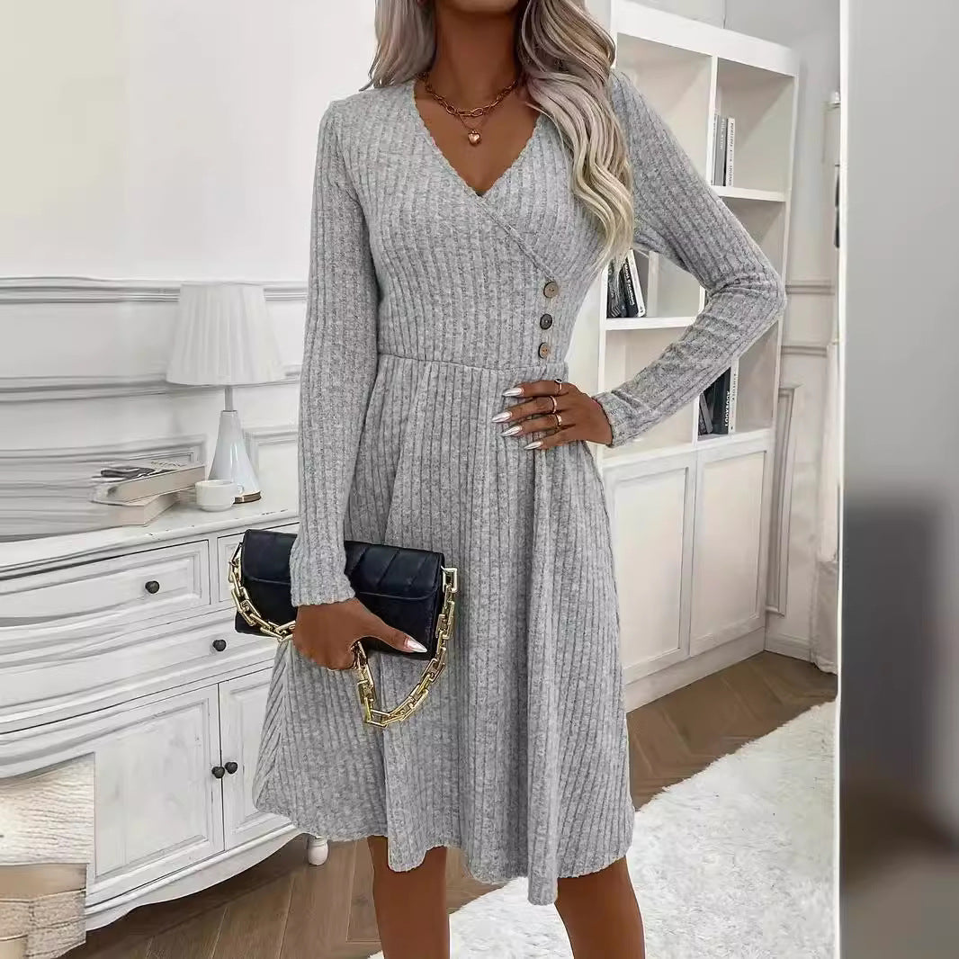 Women's Autumn Winter Solid Color V-Neck Long Sleeve Knitted Midi Dress