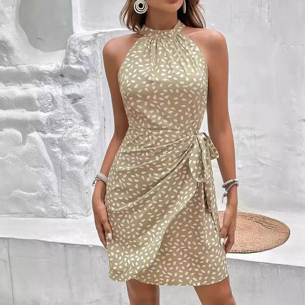 Women's Summer Casual Hanging Neck Tiny Flower Print Dress