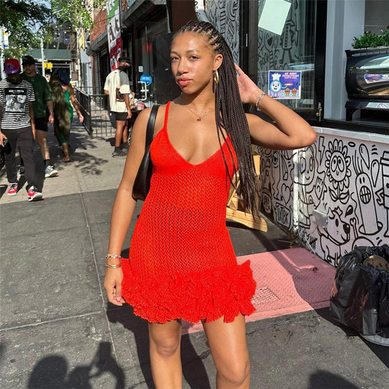 Women's Sexy Spice Strap Backless V-Neck Low-Cut High Waist Flower Bud Dress