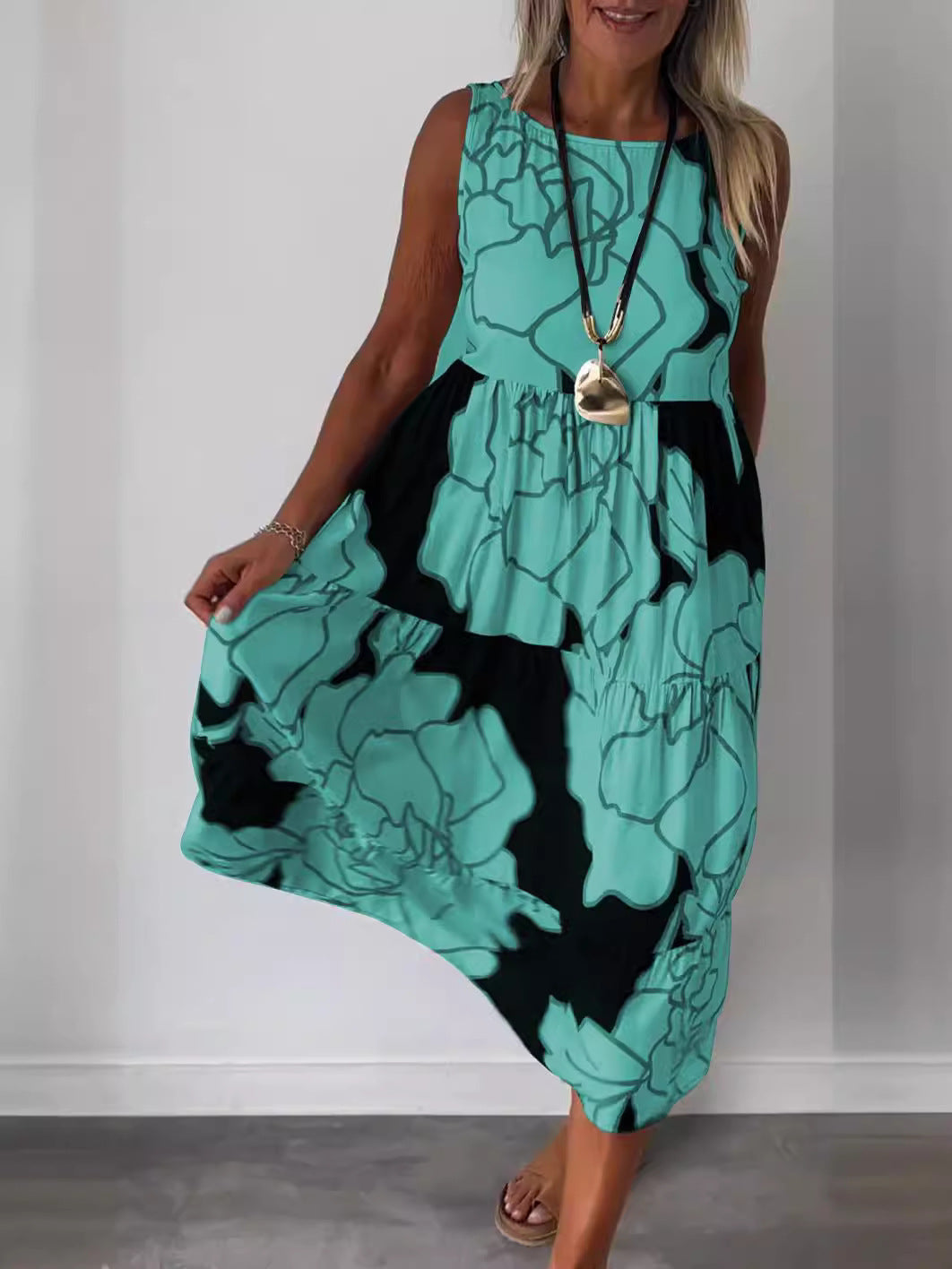 Women's Summer Casual Sling Style Geometric Print Sleeveless Long Dress