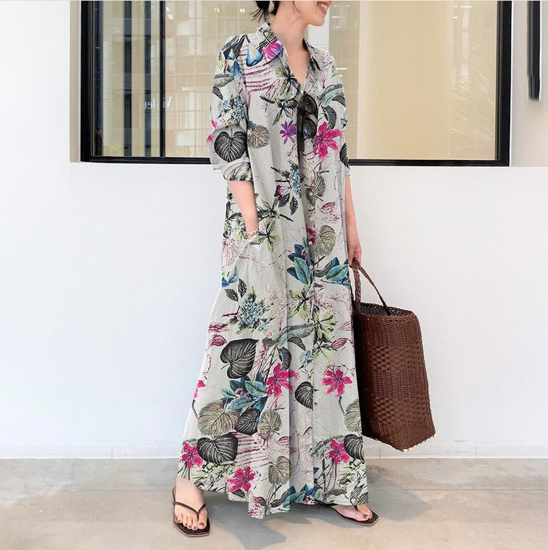 Women's Casual Floral Print Lapel Long Sleeve Shirt Maxi Dress