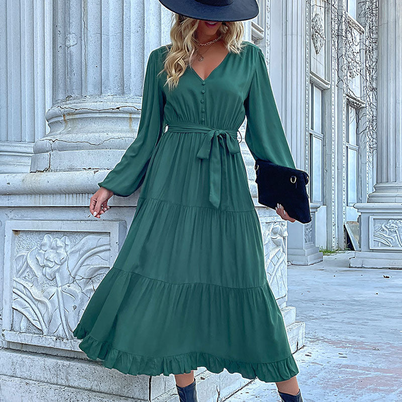 Women's Casual Autumn Winter Long Sleeve Pleated Ruffled Midi Dress