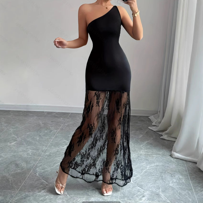 Women's Sexy Lace Splice Slanted Shoulder Sleeveless Maxi Dress