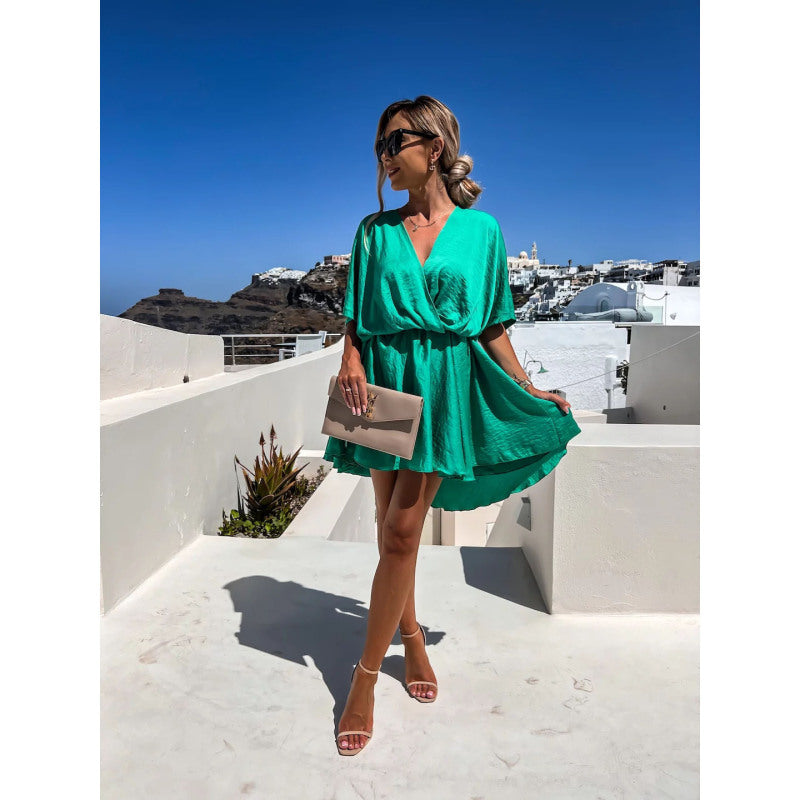 Spring Summer Solid Color Satin Loose Casual Vacation V-Neck Dress