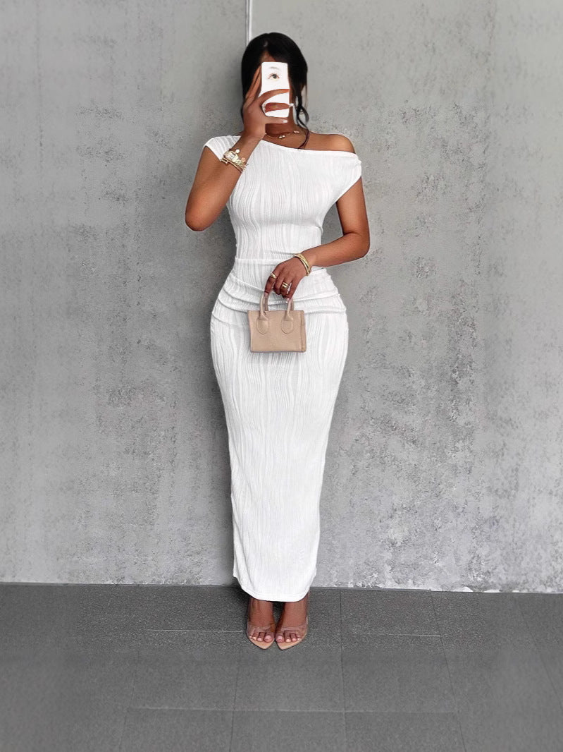 Women's Pure Water Corrugated Slant Shoulder Bodycon Maxi Dress