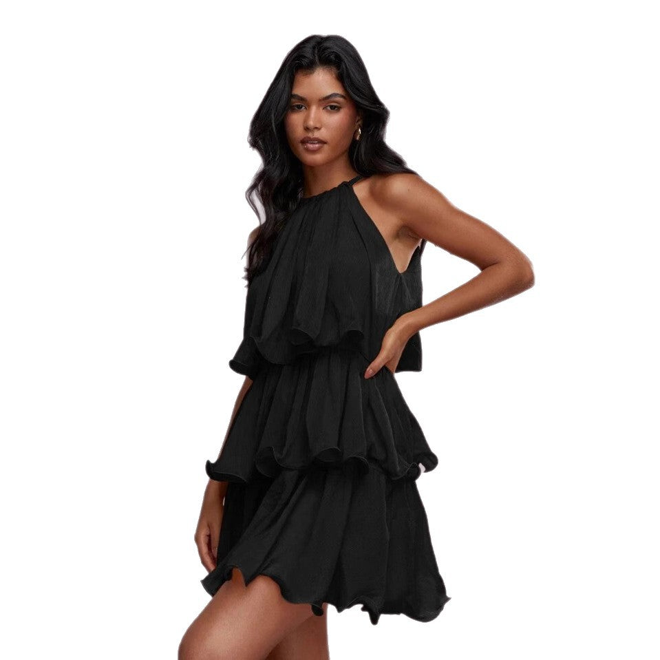 Women's Summer Solid Color Mesh Halter Neck Sleeveless Multi-Layer Ruffled Dress