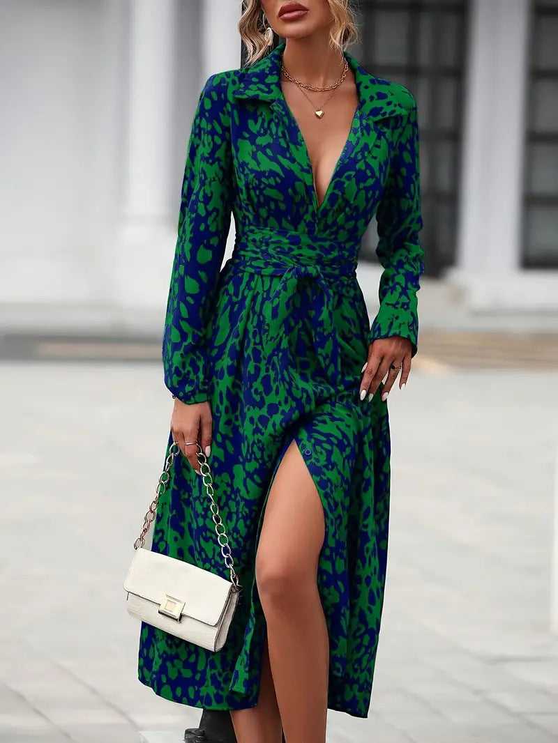 Women's Casual Printed Button Lapel Long Sleeve A-Line Dress
