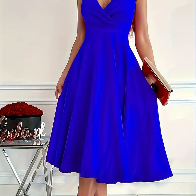 Basic Solid Color Sleeveless V-Neck Midi Dress
