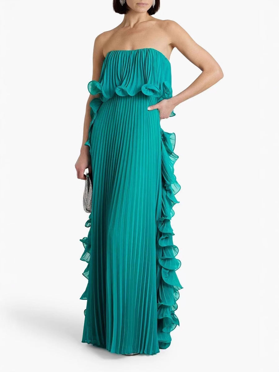 Women's Holiday Solid Color Tube Top Pleated Maxi Dress