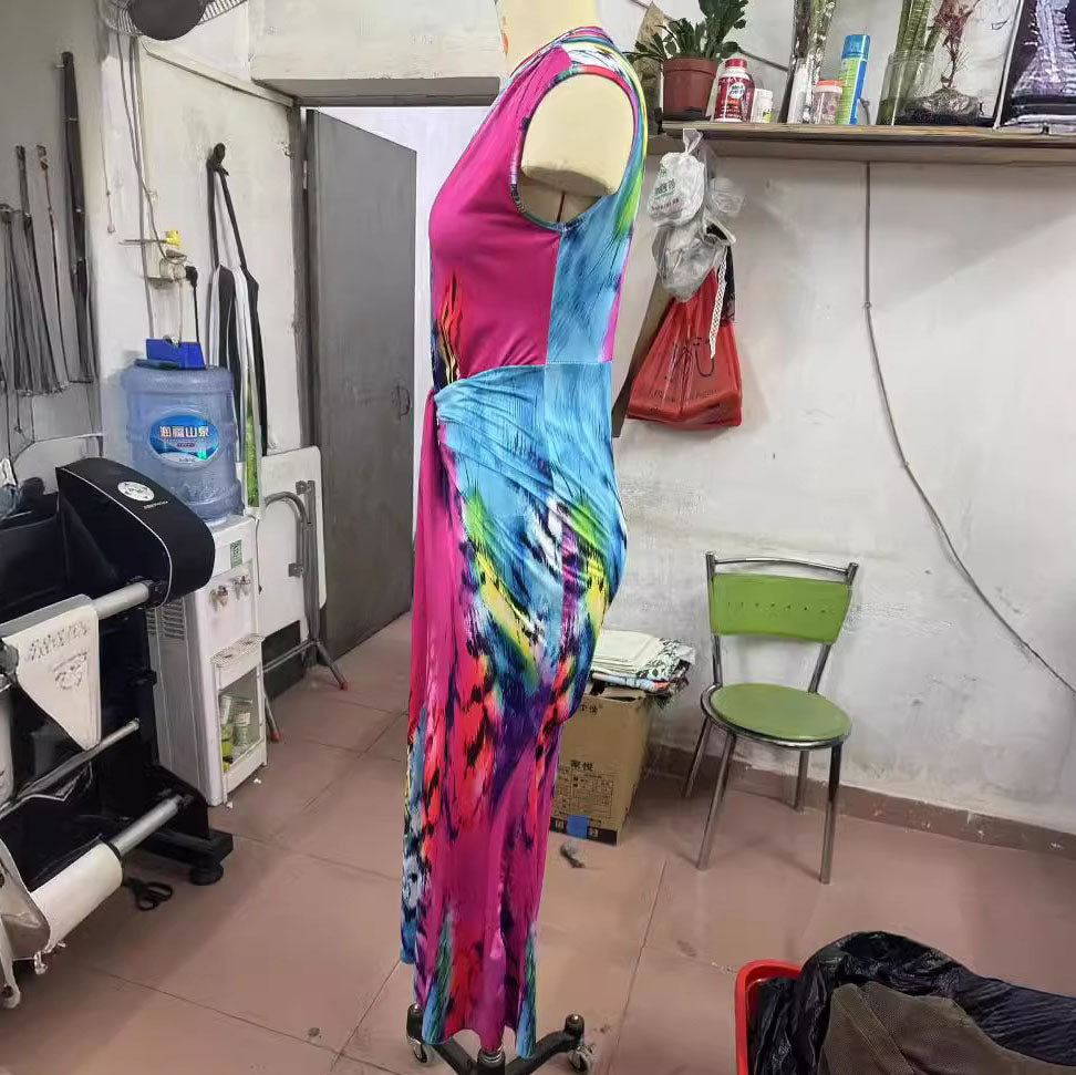 Women's Summer Sexy V-Neck Color Block Print Slim-Fit Maxi Dress