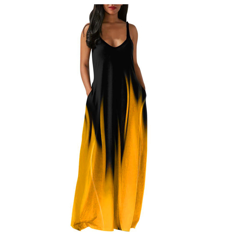 Women's Summer Plus Size Gradient Color Print Deep V-Neck Sleeveless Loose Dress